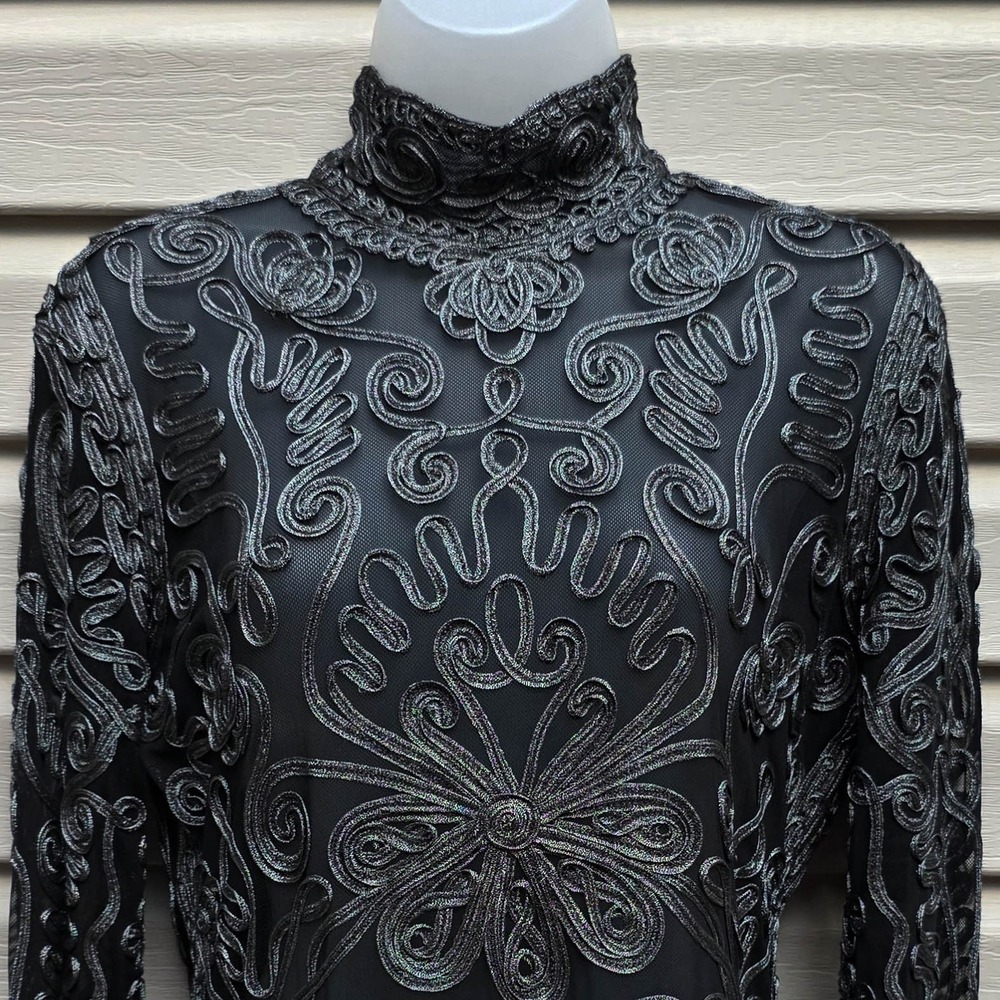 Y2K Cache Sheer Mesh Top Womens L Black Silver Metallic Whimsigoth Fairy Grunge - Picture 2 of 8